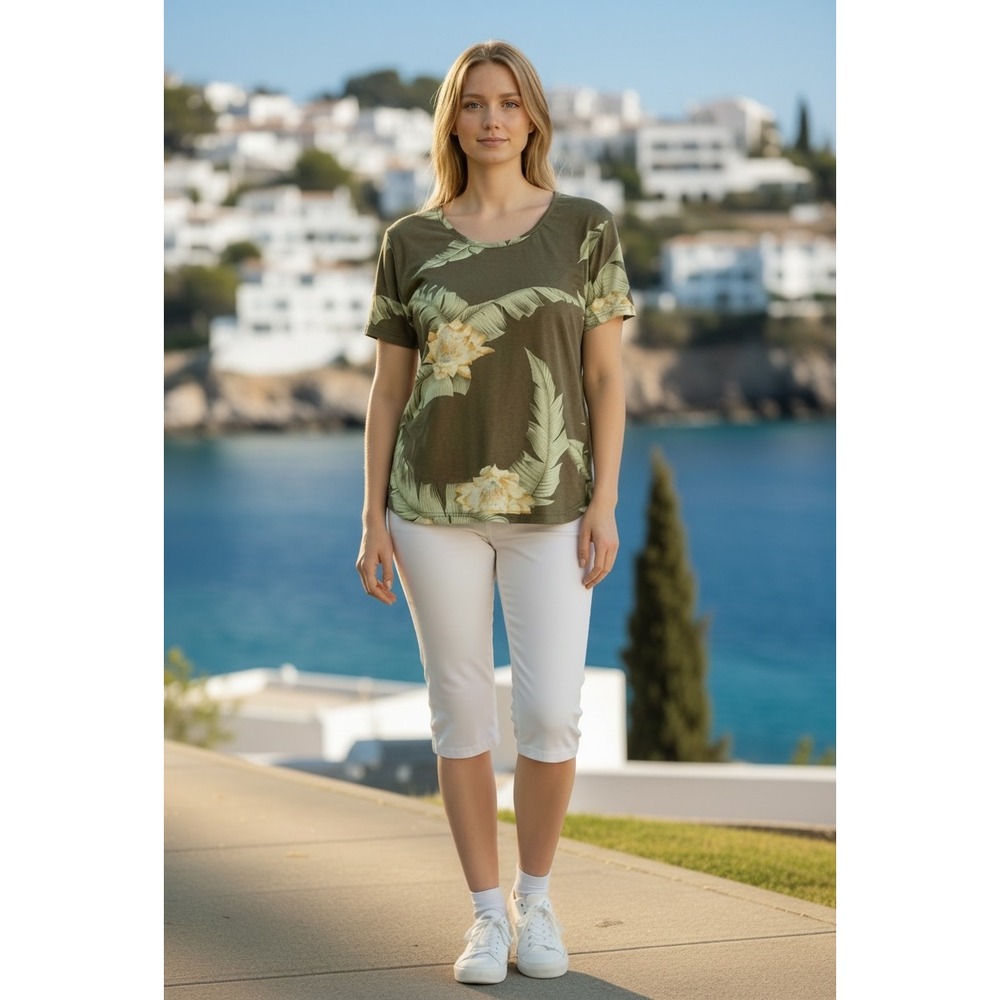 Banana Bay Fine Resortwear Womens Large Olive Green Tropical Palm Leaf Tee Shirt